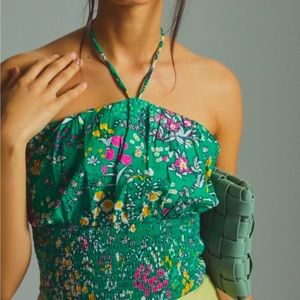 Anthropologie X Maeve Green Smocked Liberty Floral Woven Halter Top (x-small)